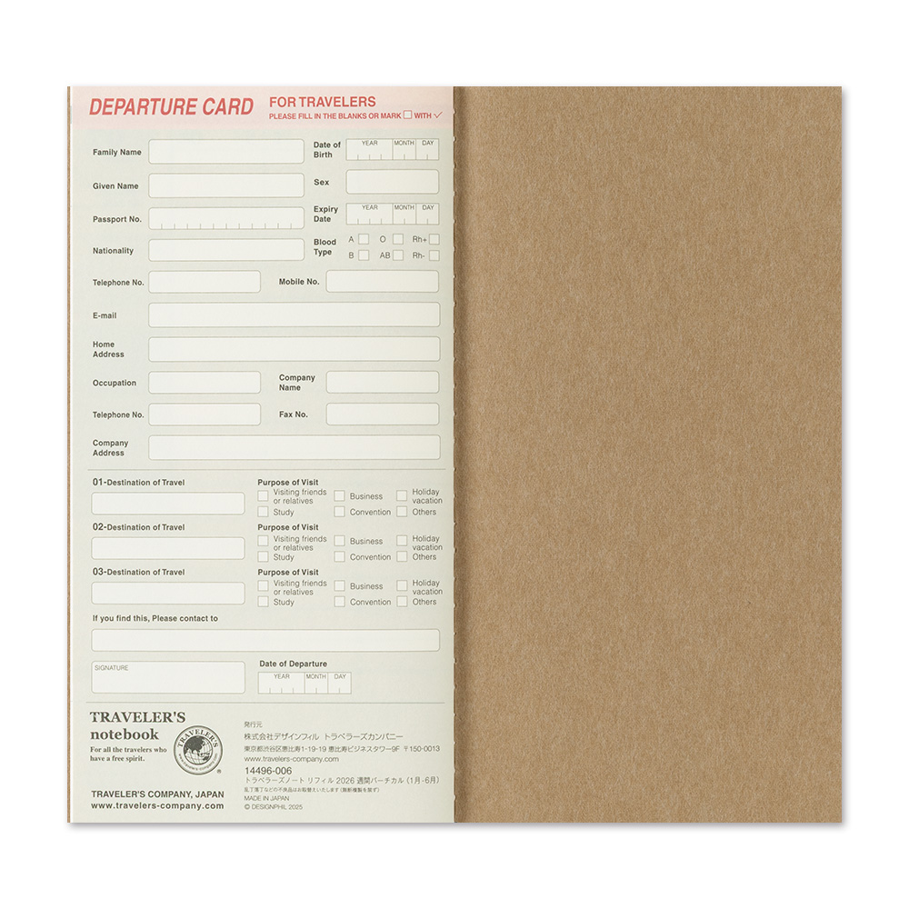 TRAVELER'S Notebook Refill 2026 Weekly Vertical
