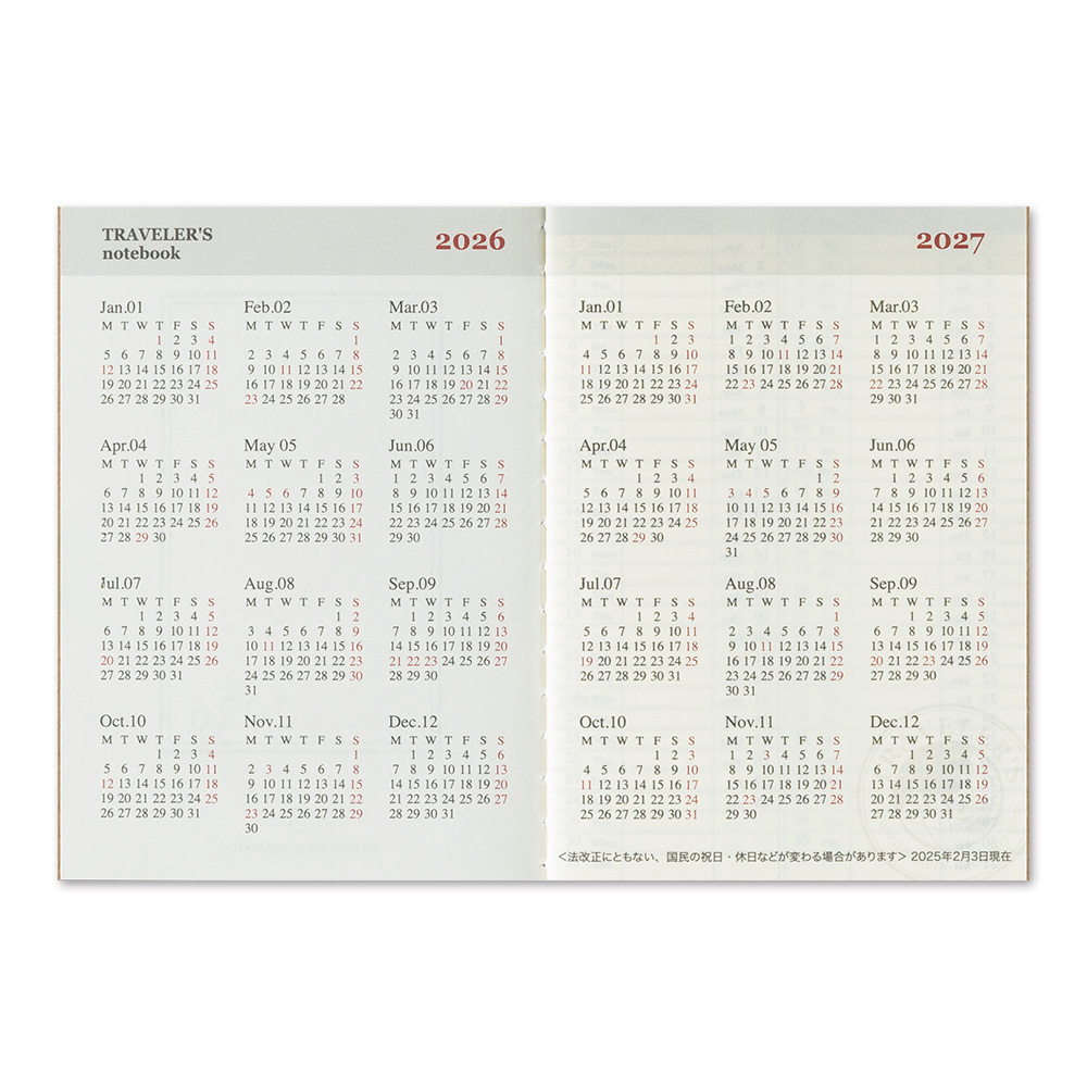 TRAVELER'S Notebook Passport Size Refill 2026 Weekly