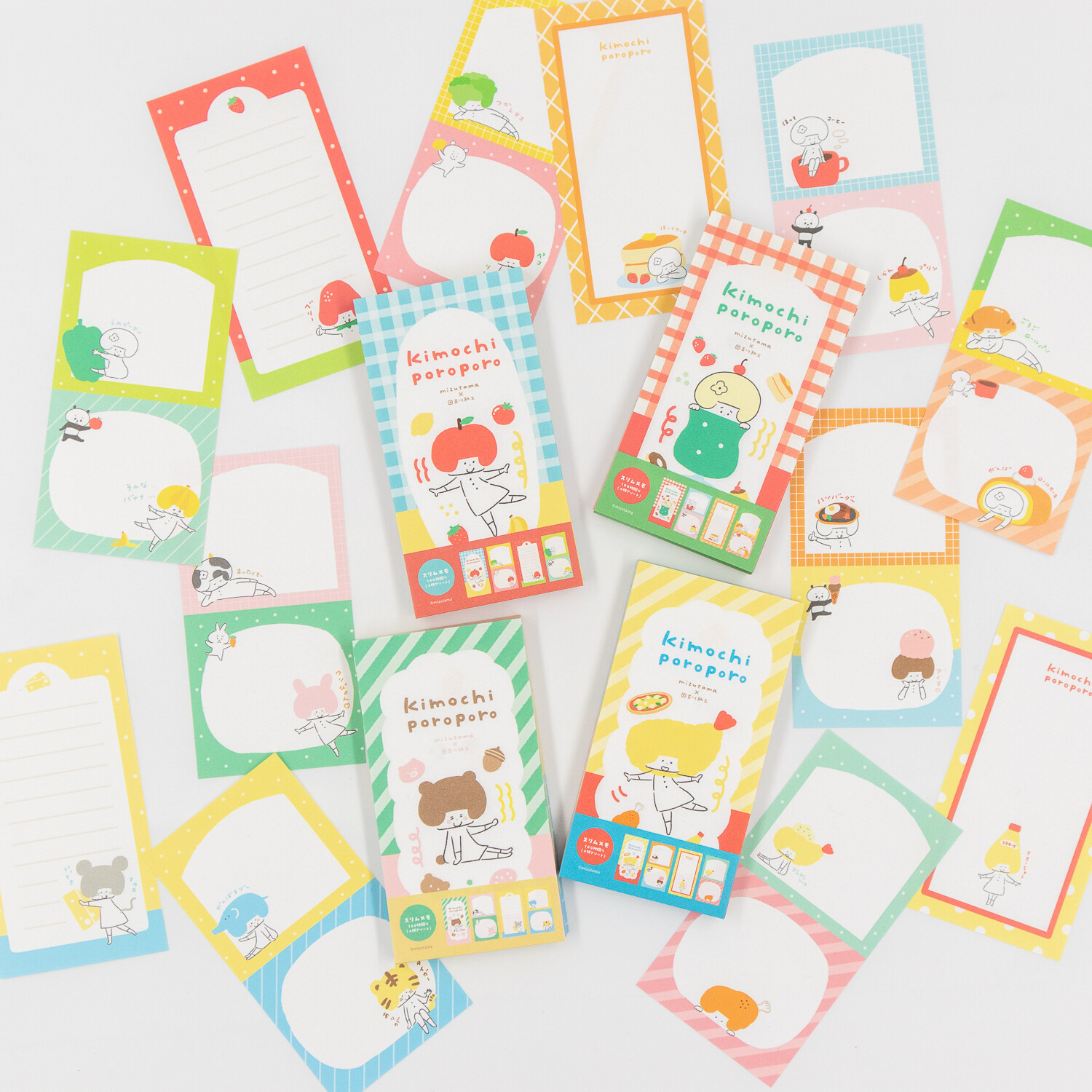 mizutama Slim Memo Pad collection showing all four Kimochi Poroporo designs - Vegetables and Fruits, Cafe, Animals, and Restaurant