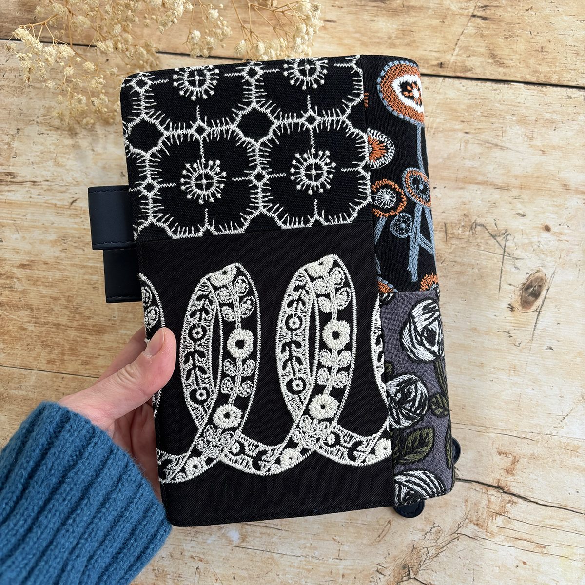 Hobonichi-Style A5 Notebook Cover in Mina Perhonen Fabric - Patchwork Black