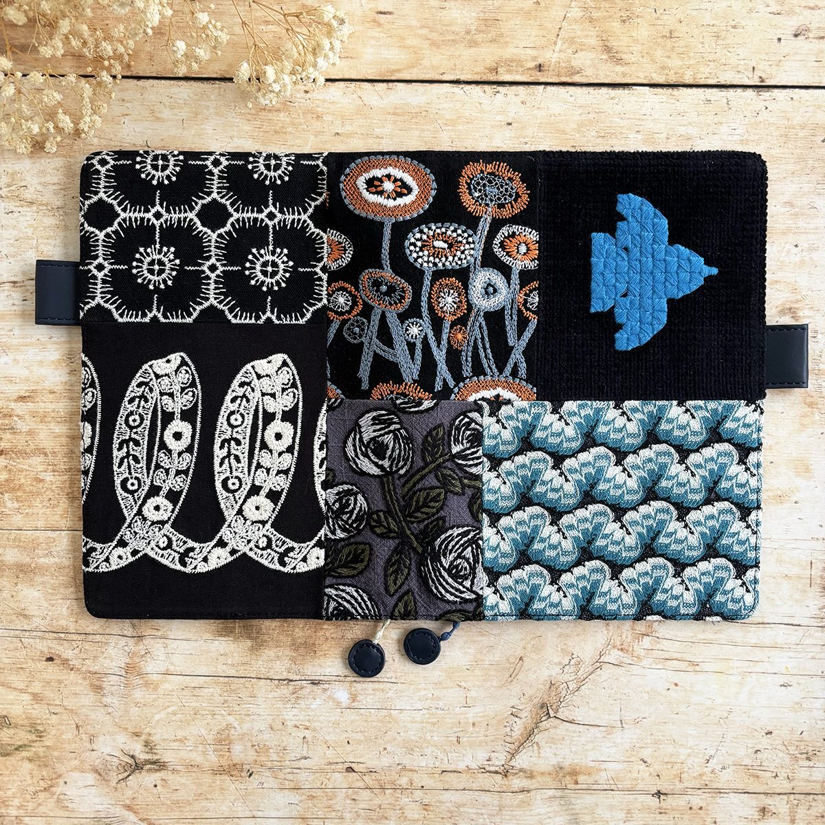 Hobonichi-Style A5 Notebook Cover in Mina Perhonen Fabric - Patchwork Black