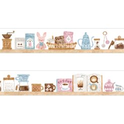 Illustrated washi tape by Nakuchi Waka for Papier Platz featuring café shelves with coffee beans, teapots, kettles, cups, jars, and baking accessories.