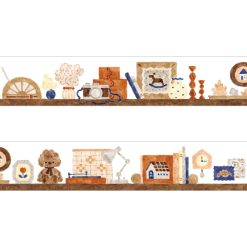 Illustrated washi tape by Nakuchi Waka for Papier Platz featuring cozy shelves with books, camera, pottery, framed pictures, and home décor in warm watercolour tones.