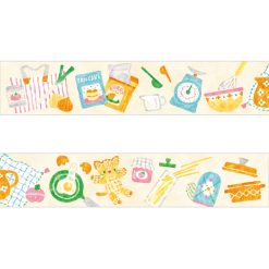 Watercolour washi tape by Nakuchi Waka for Papier Platz showing kitchen items such as flour bags, pancake mix, utensils, jars, scales, and baking tools in soft pastel colours.