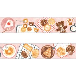Nakuchi Waka x Papier Platz washi tapes displayed partially unrolled on a notebook, featuring cozy home scenes, baking treats, bears, and café items.