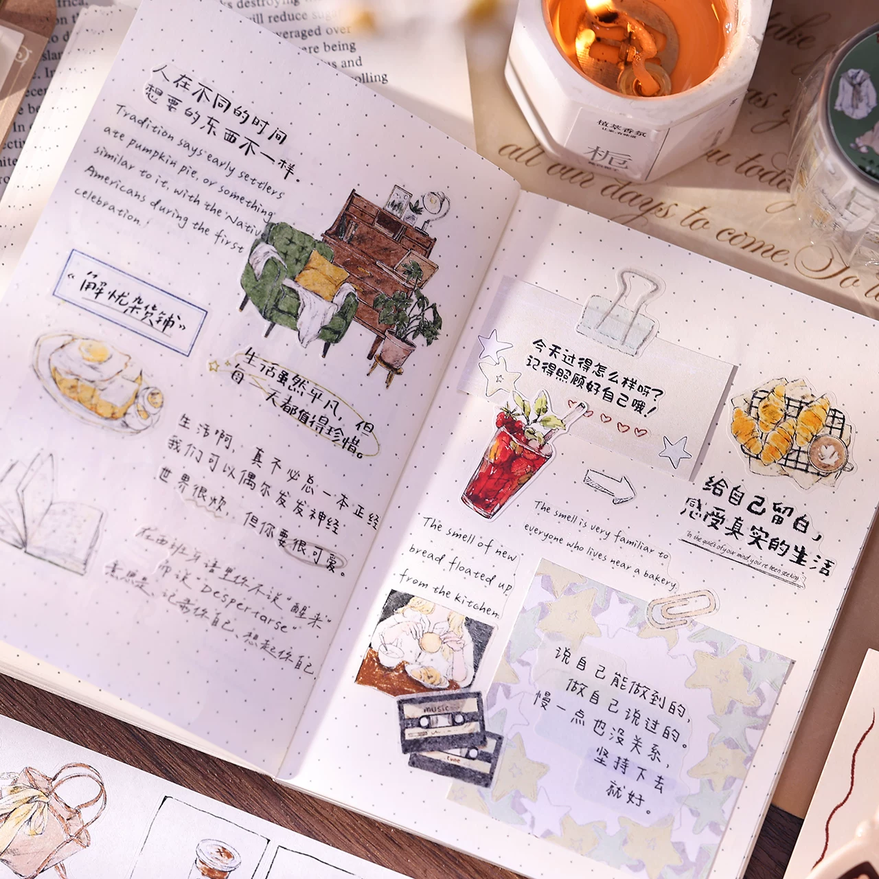Xiaobaijia A Person's Daily Life Kiss-Cut Tape used in a journal spread