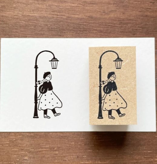 Stamp Marché Rubber Stamp - Girl & Street Lamp
