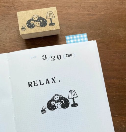 Stamp Marché Rubber Stamp - Girl, Coffee & Cat