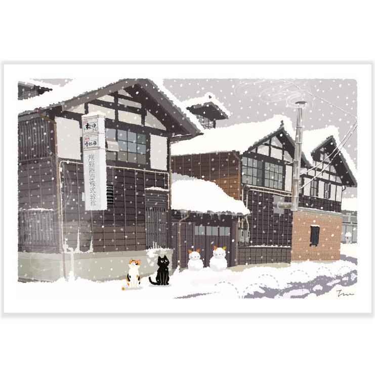 Furukawa Paper Postcard - Winter Cat & Snowy Houses