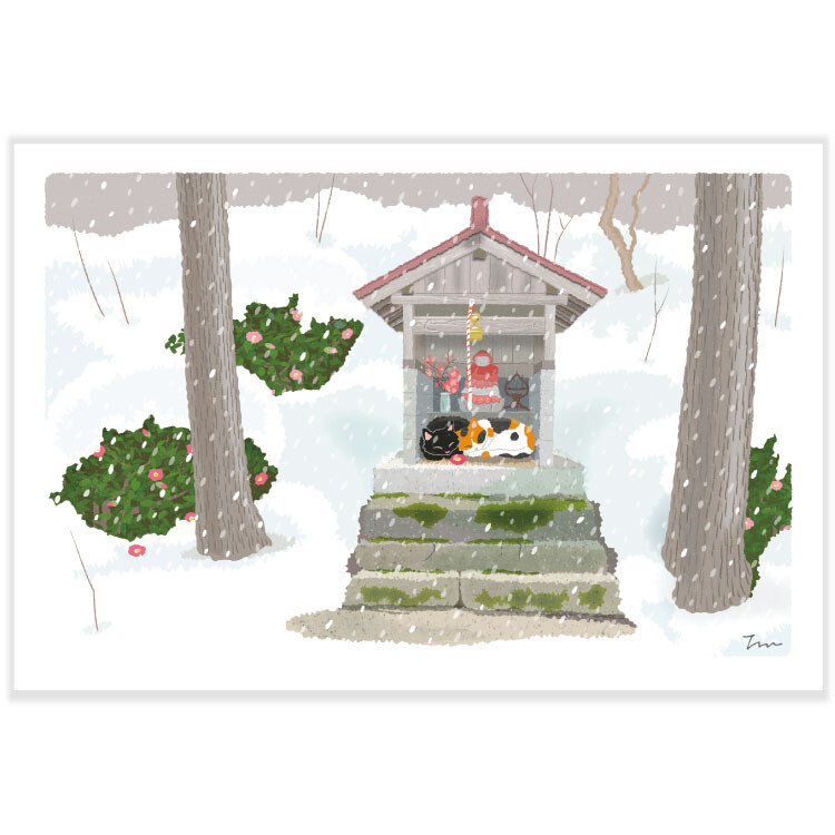 Tabi Neko Postcard - Winter Cat And Temple