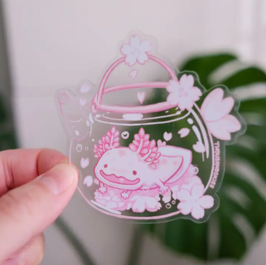 Thousand Skies Transparent Vinyl Sticker - Cherry Blossom Axolotl