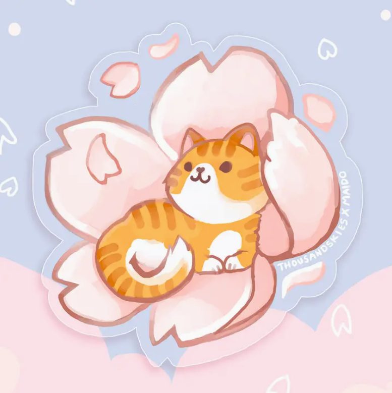 Thousand Skies Transparent Vinyl Sticker - Tabby Cat Sakura