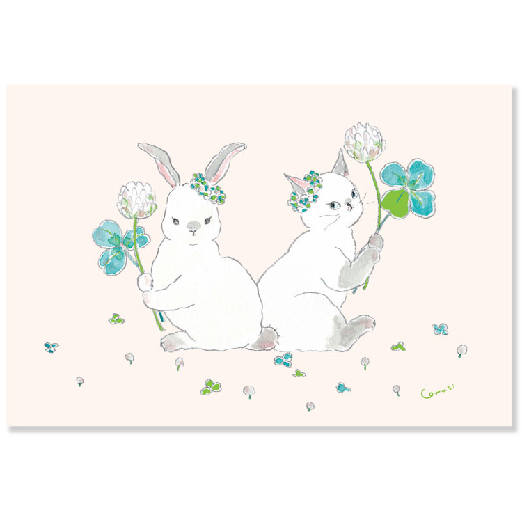 Tokoro Postcard - Cat, Rabbit and Clover