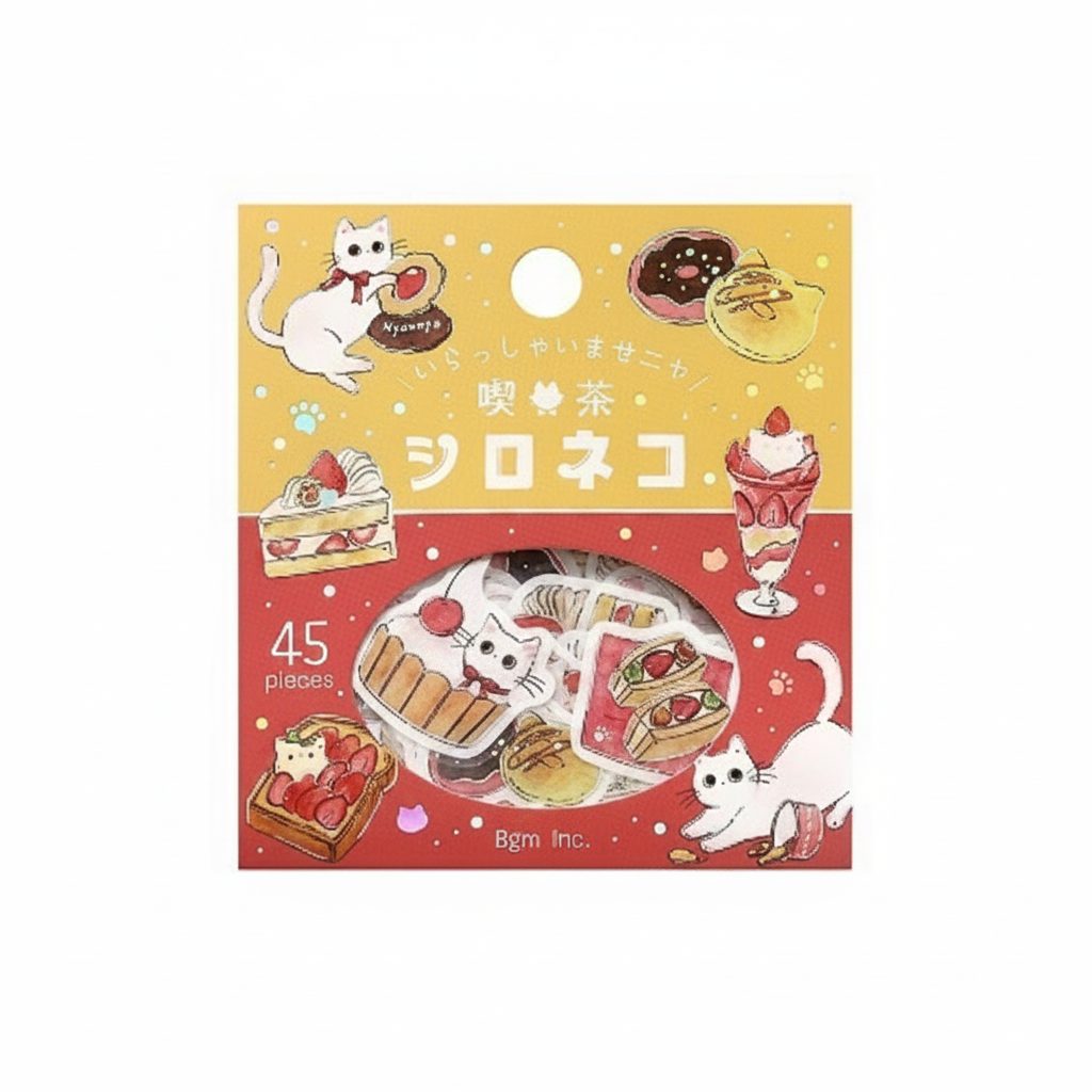 BGM Foil-Stamped Flake Stickers – Kissa Cat Cafe – White Cat