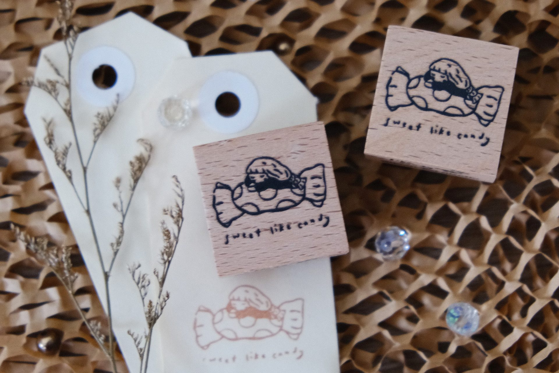 Detail view of a Sweet Like Candy candy illustration stamped using an Eileen Tai rubber stamp.