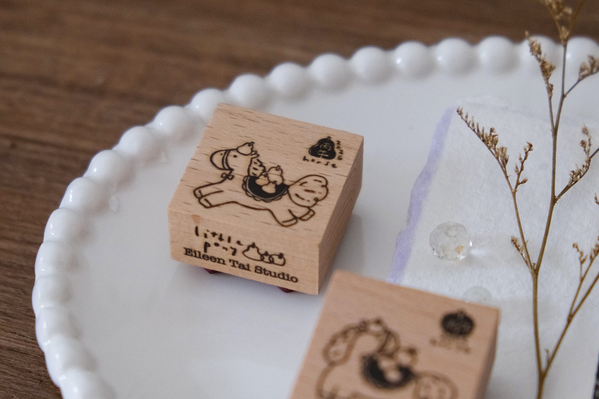 Pear-themed horse illustrations stamped using the Eileen Tai Year of the Horse rubber stamp