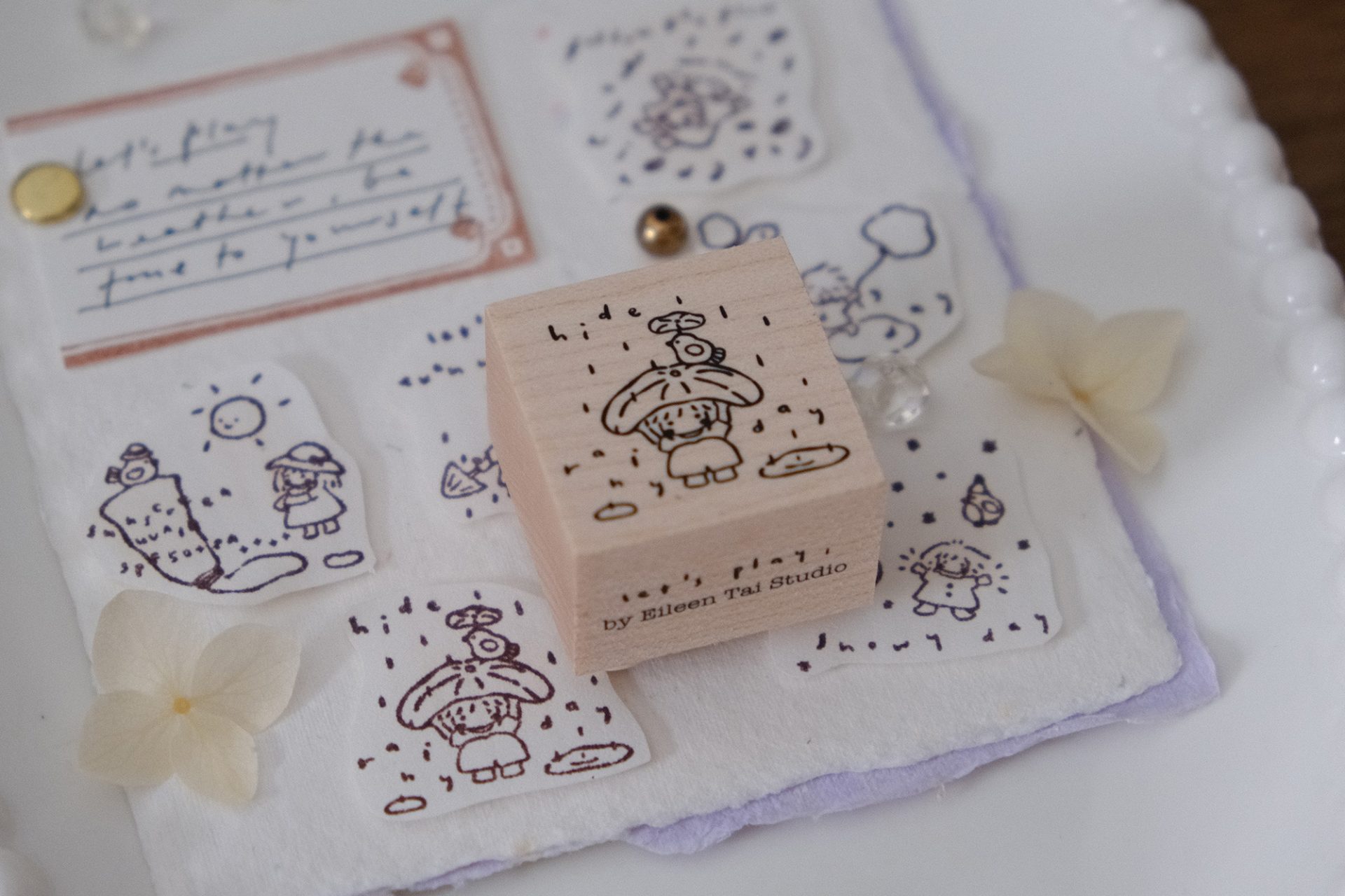 Rainy day weather illustration stamped from the Let’s Play wooden rubber stamp.