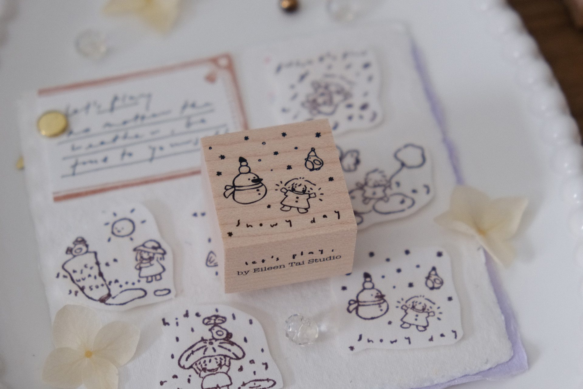 Snowy day illustration stamped using the Let’s Play weather-themed wooden stamp.