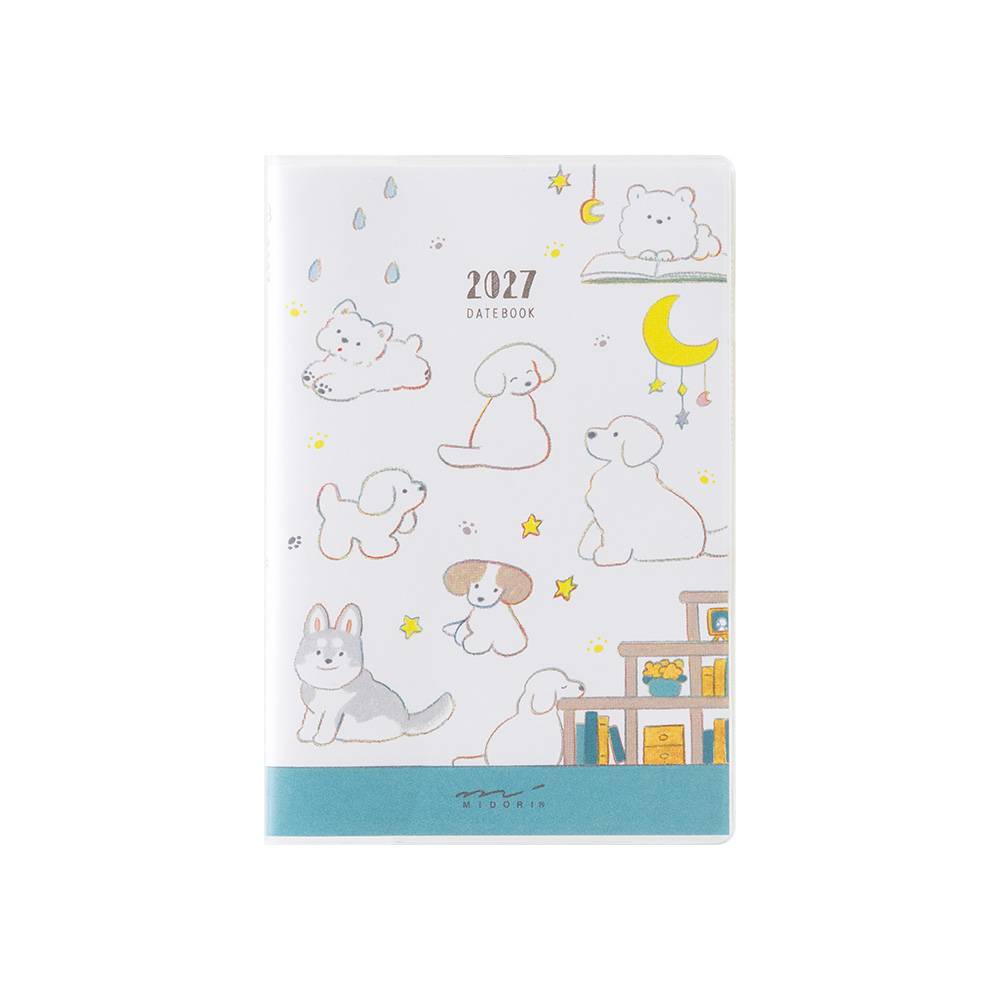 Midori 2027 Mini Pocket Diary Dog clear cover with coloured pencil puppy illustrations