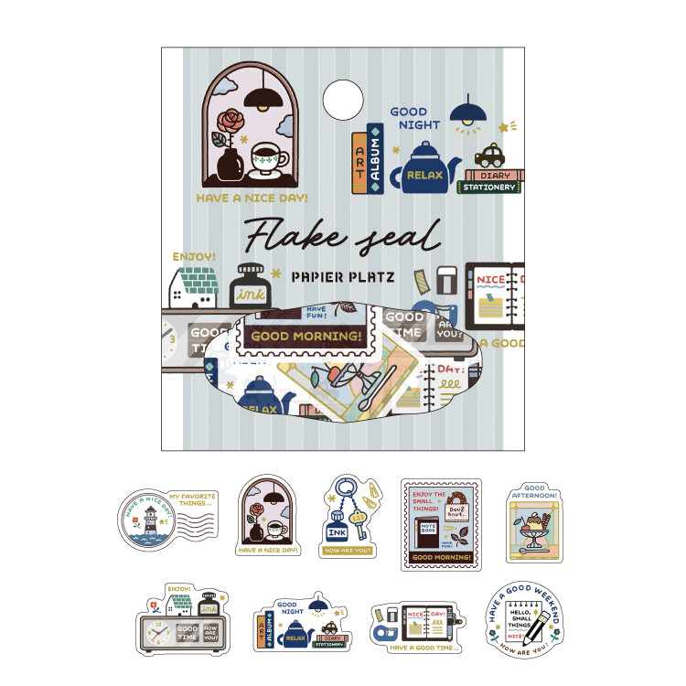 Papier Platz Writing Tools washi stickers illustrated by Eric Small Things, featuring pens, ink bottles, notebooks, and stationery phrases.
