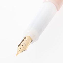 Close-up of the gold-tone fine nib on the Pilot Kakuno Madoromi fountain pen in Pink