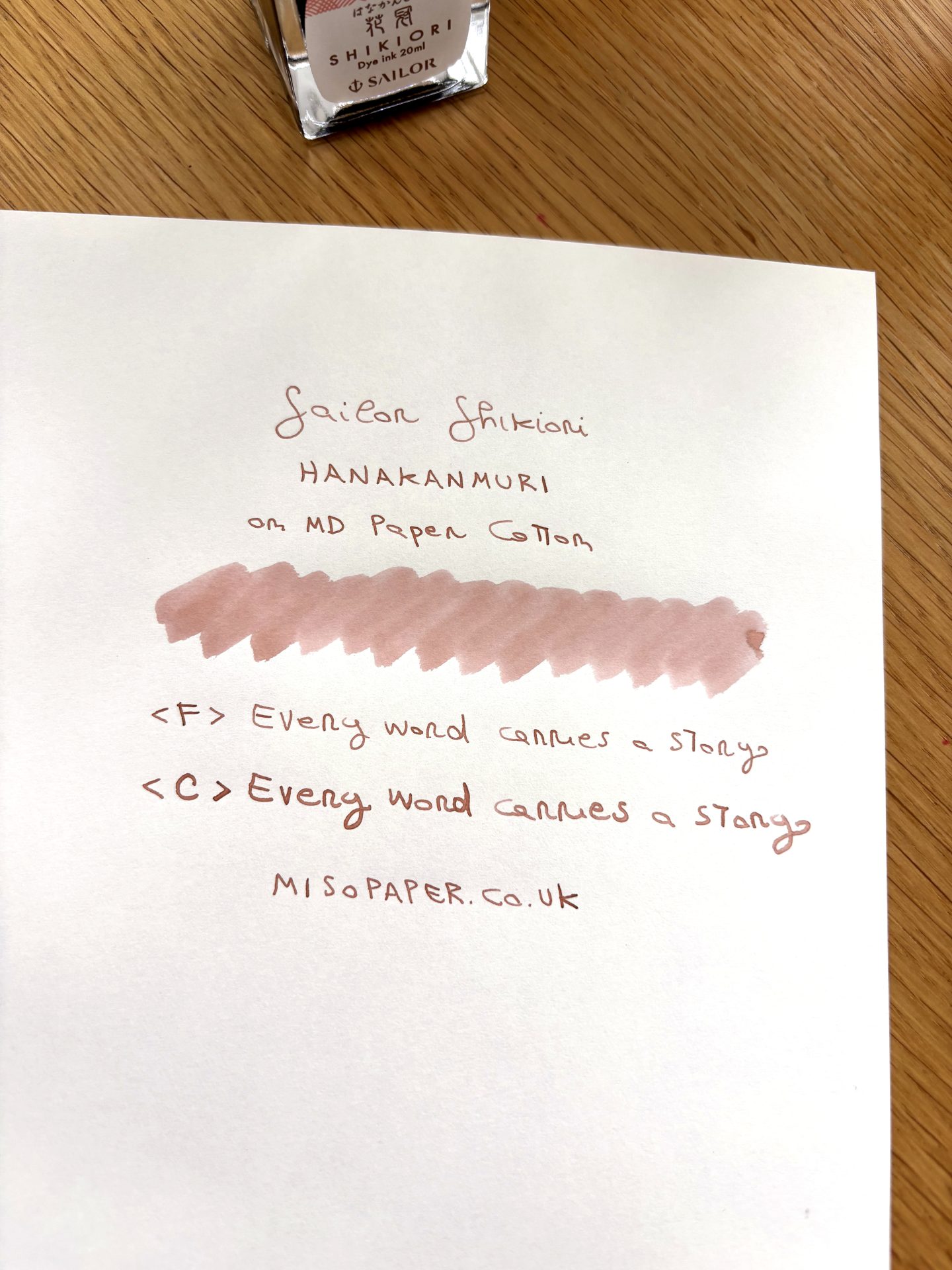 Miso Paper — SAILOR Shikiori Flower Crown fountain pen ink swatch and writing sample on MD Paper Cotton