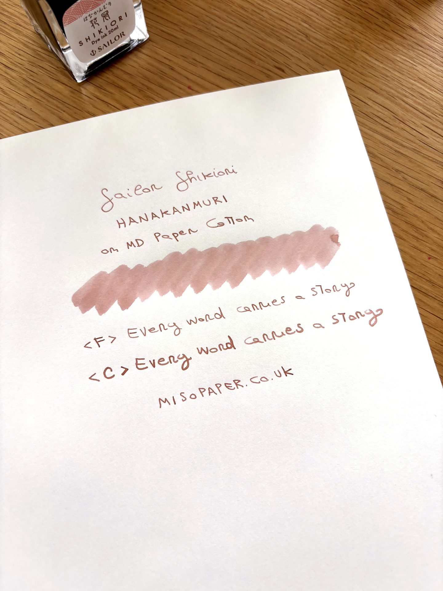 Miso Paper — SAILOR Shikiori Flower Crown fountain pen ink swatch and writing sample on MD Paper Cotton