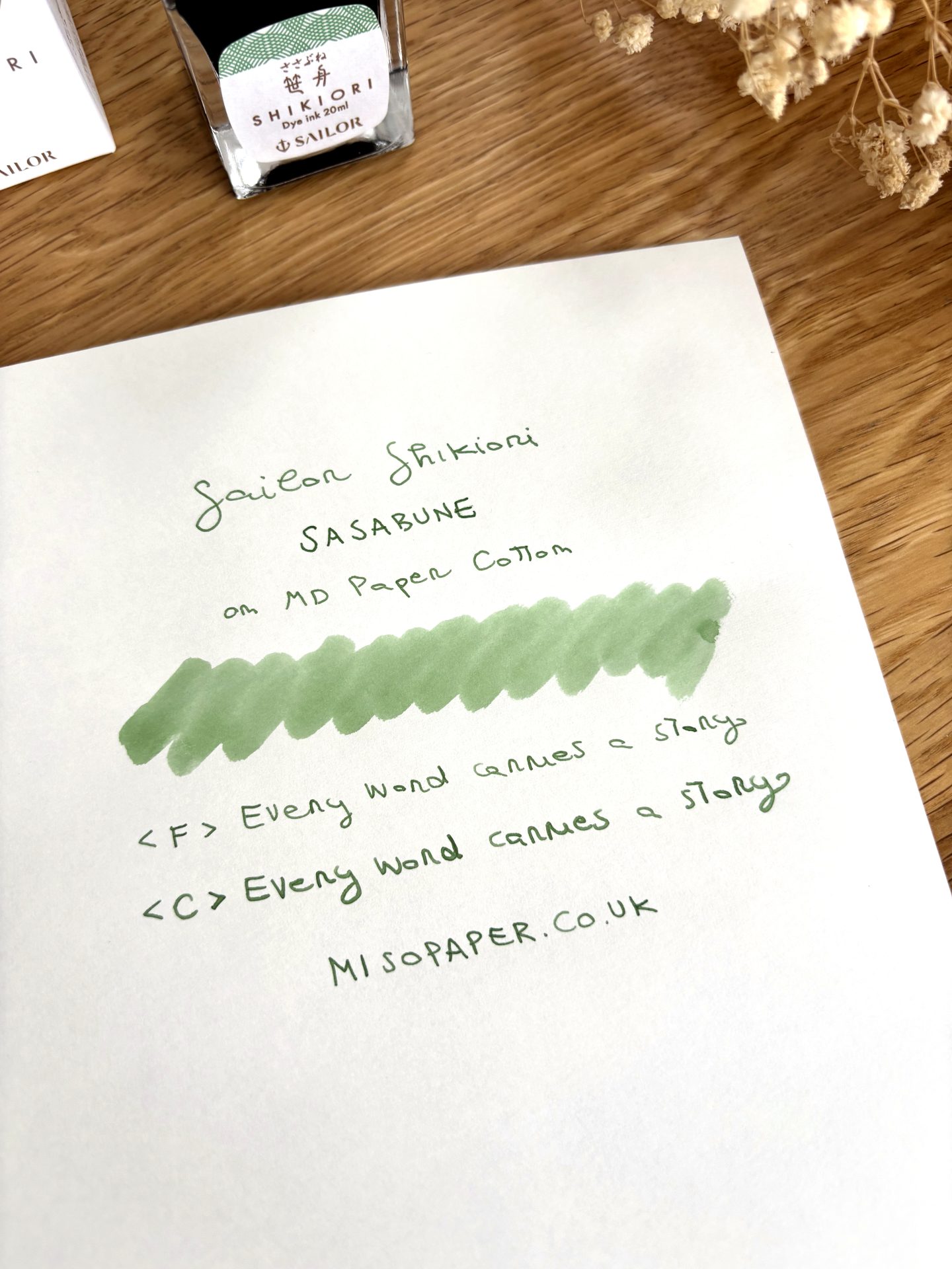 Miso Paper — SAILOR Shikiori Sasabune fountain pen ink swatch and writing sample on MD Paper Cotton