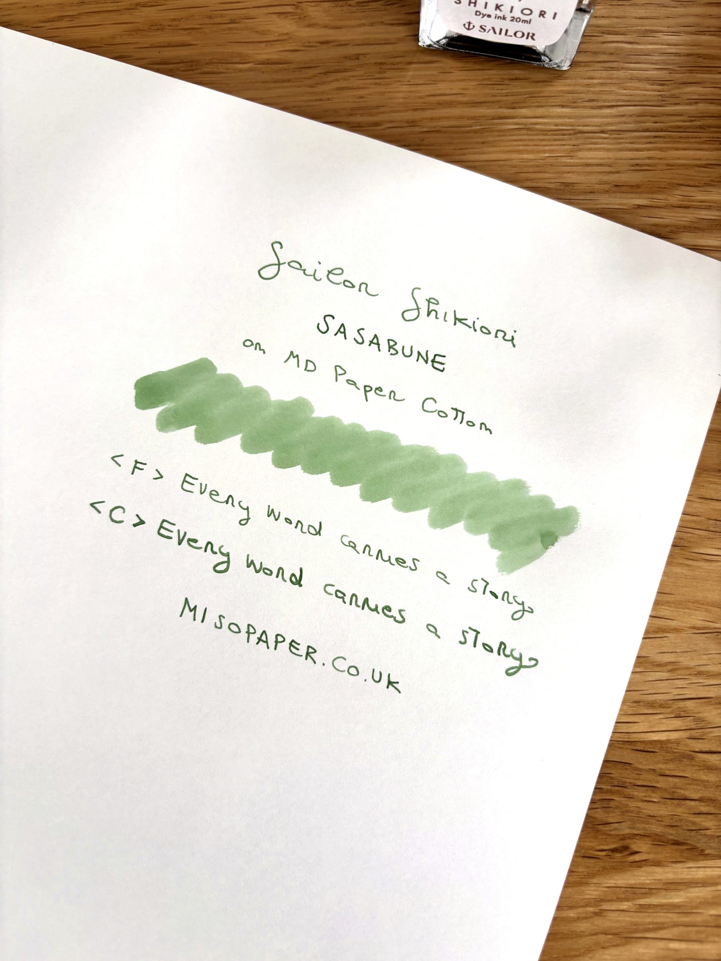 Miso Paper — SAILOR Shikiori Sasabune fountain pen ink swatch and writing sample on MD Paper Cotton