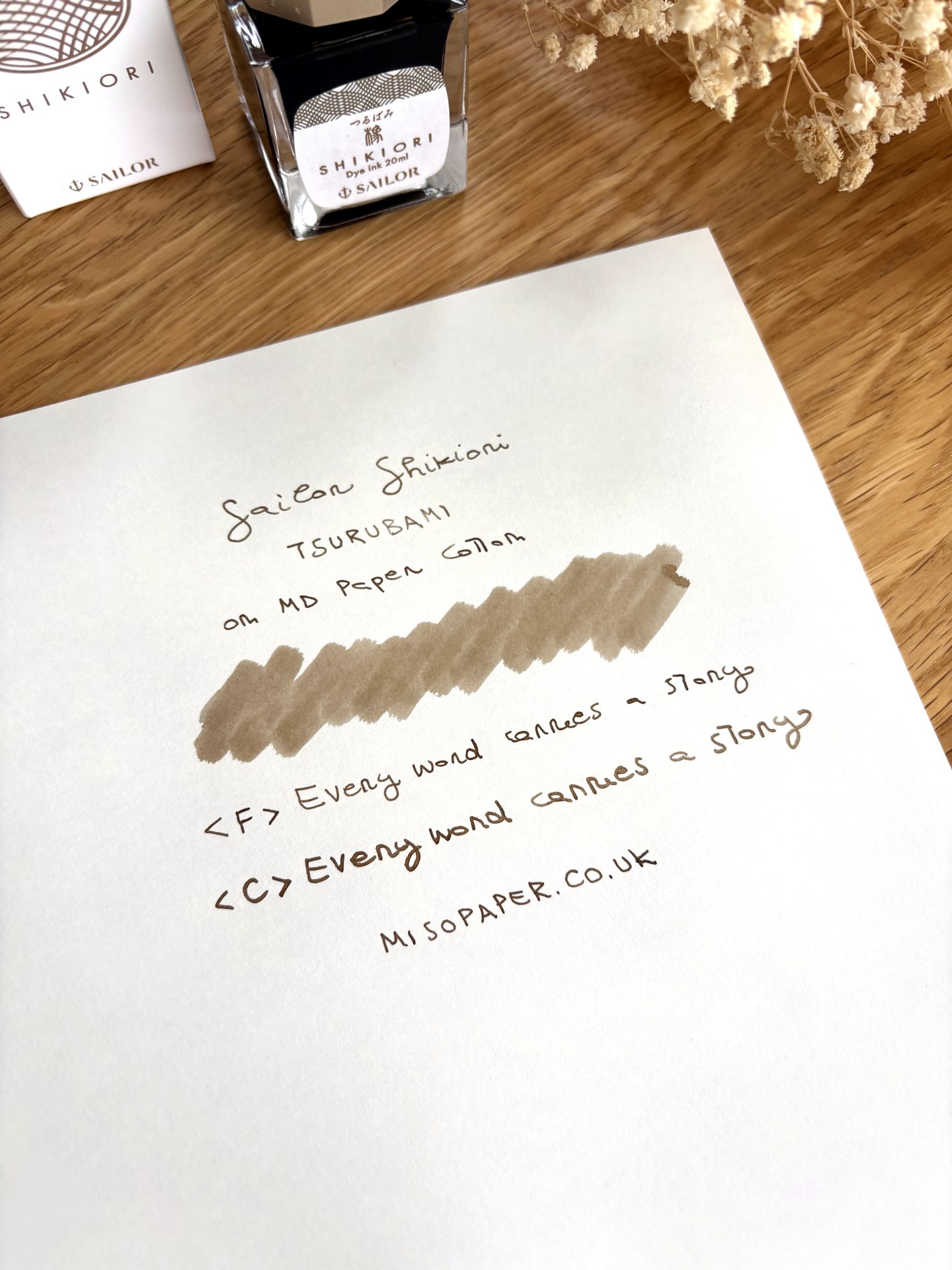 Miso Paper — SAILOR Shikiori Tsurubami fountain pen ink swatch and writing sample on MD Paper Cotton