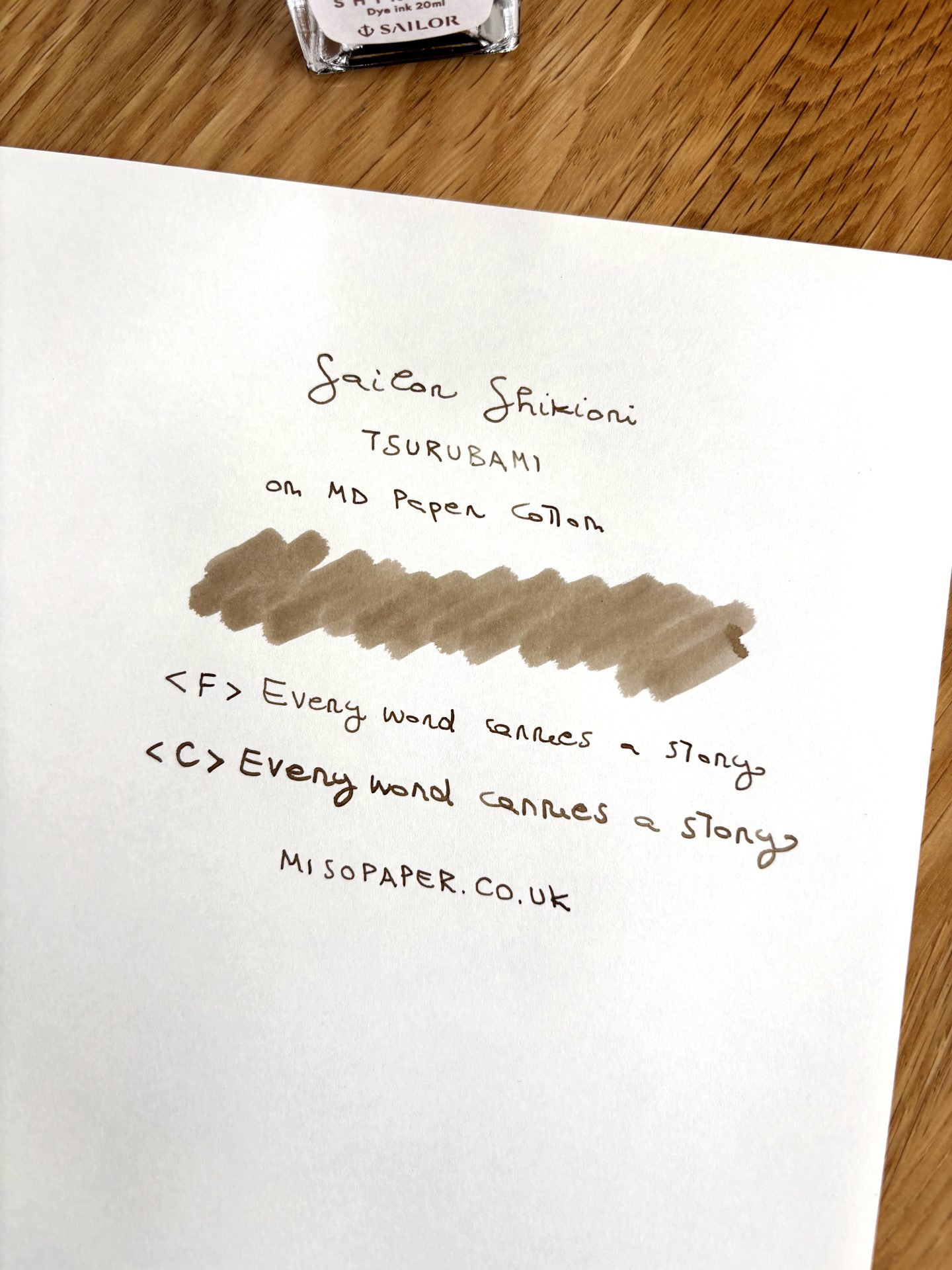 Miso Paper — SAILOR Shikiori Tsurubami fountain pen ink swatch and writing sample on MD Paper Cotton