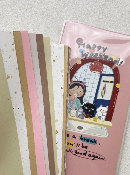 Xiami Studio Mixed Papers A5 Slim Notebook Happy Weekend pink cover with papers fanned